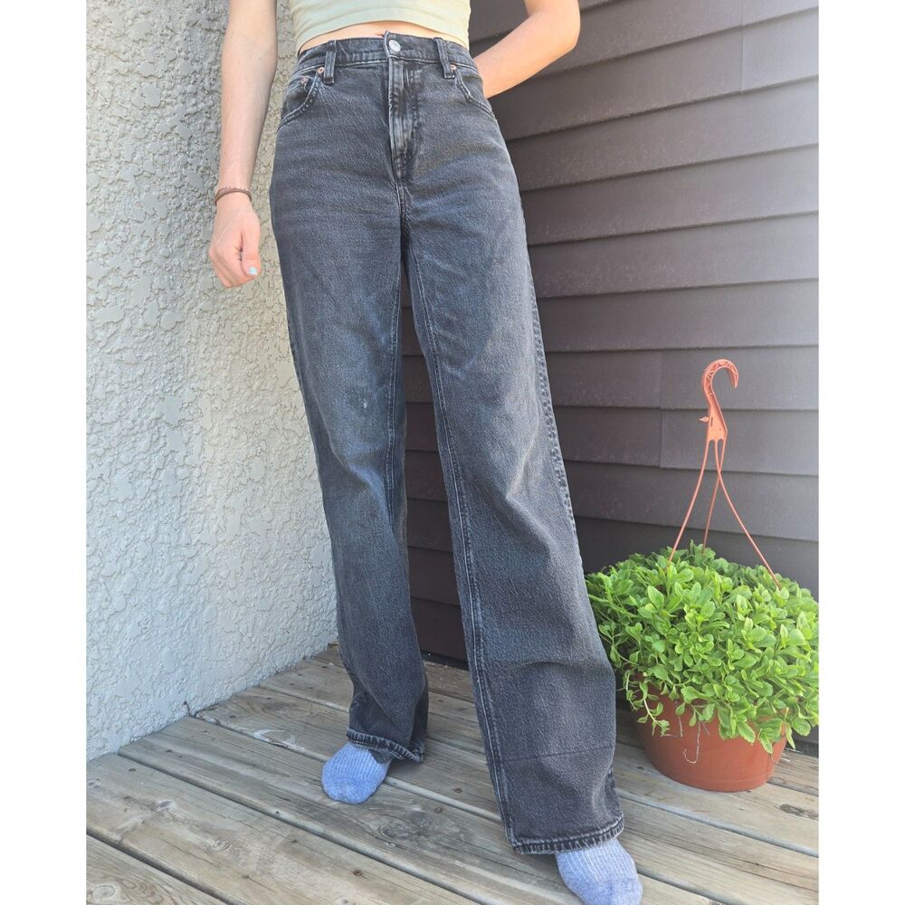 Womens American Eagle Stretch Baggy High Rise Straight Denim Black Jeans Pants 4